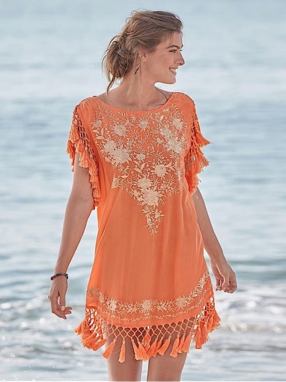 Sundance Coral Orange Boho Embroidered Tassel Tunic